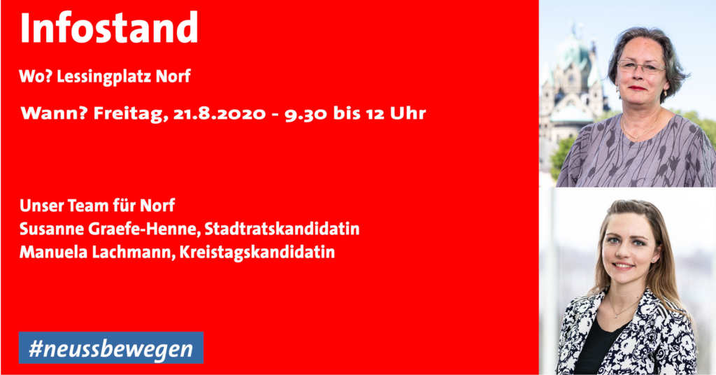 Infostand in Norf am 21.8.2020 von 9:30 bis 12 Uhr am Lessingplatz